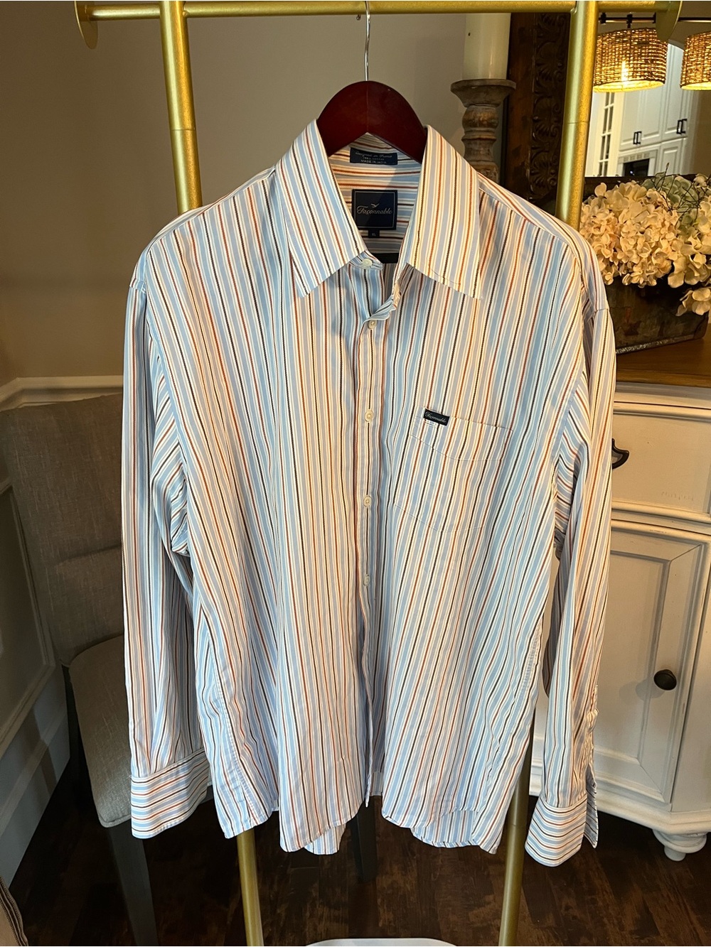 Faconnable Men's White Dress Shirt with Blue & Brown Stripes